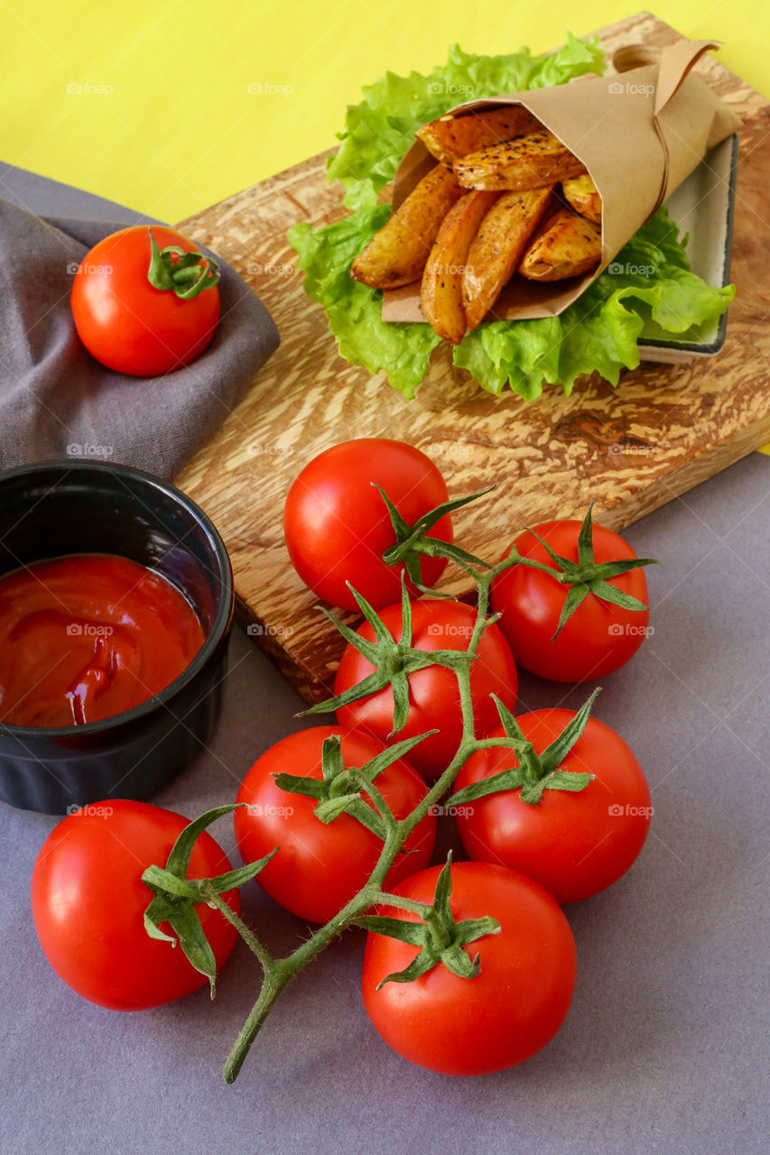 homemade fried potatoes and tomato ketchup
