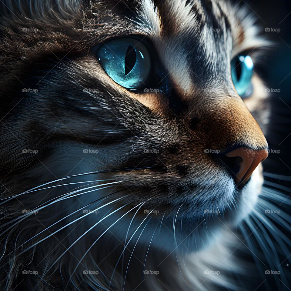 close up of a cat face with round eyes, in the style of vray tracing, photo-realistic techniques