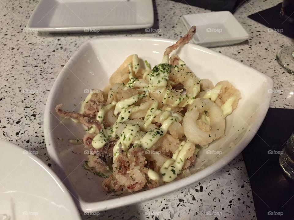 Calamari, fried squid, yummy, delicious, plate, Japanese, restaurant, 
