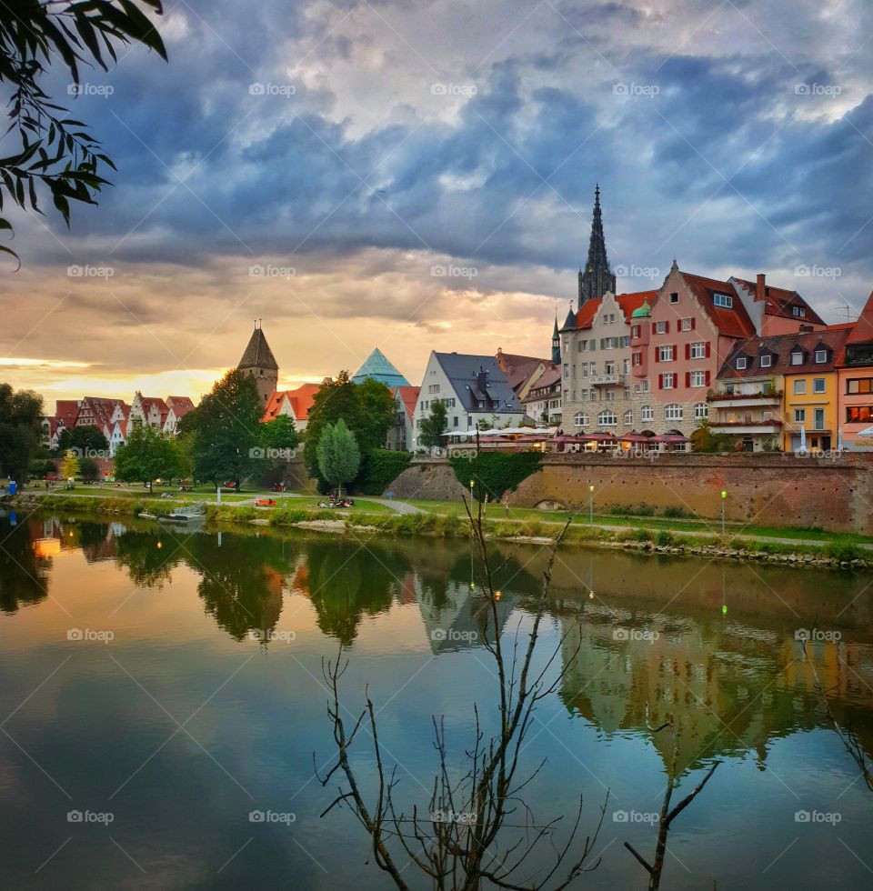 city landscape over water. Ulm Germany