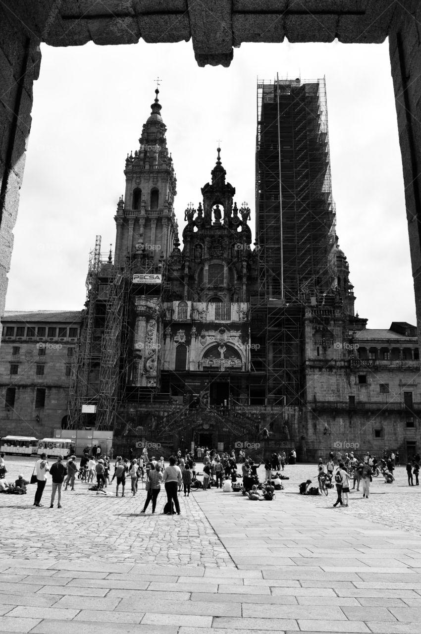 Santiago Cathedral. View of the façade of Santiago de Compostela cathedral from Pazo de Raxoi.