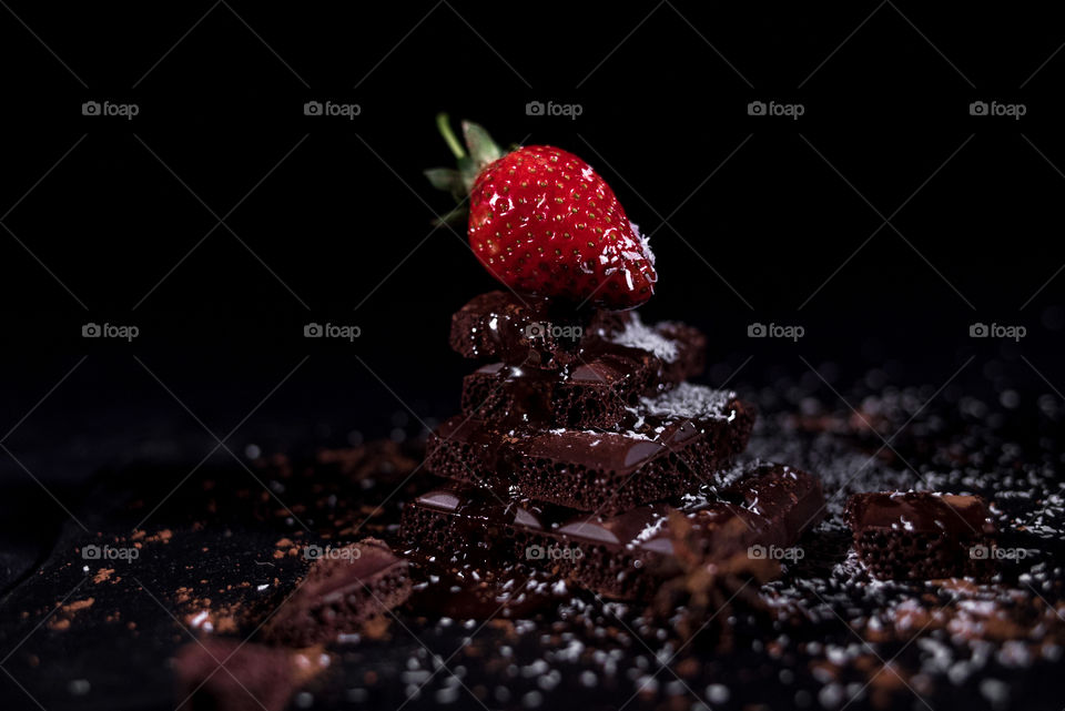 Chocolate dessert with strawberry on top