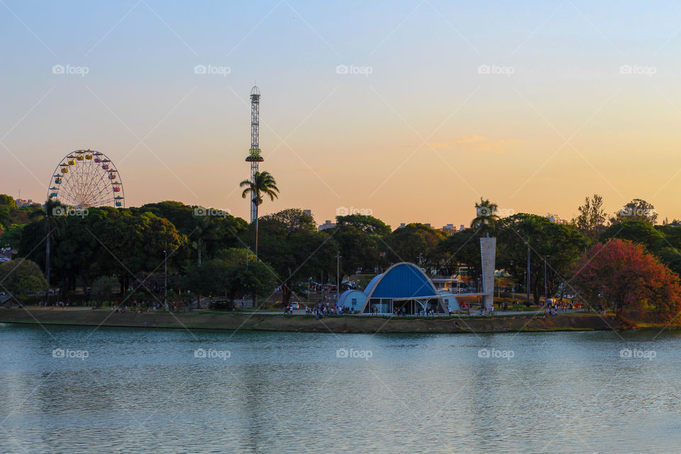 church and park with a big ferris wheel