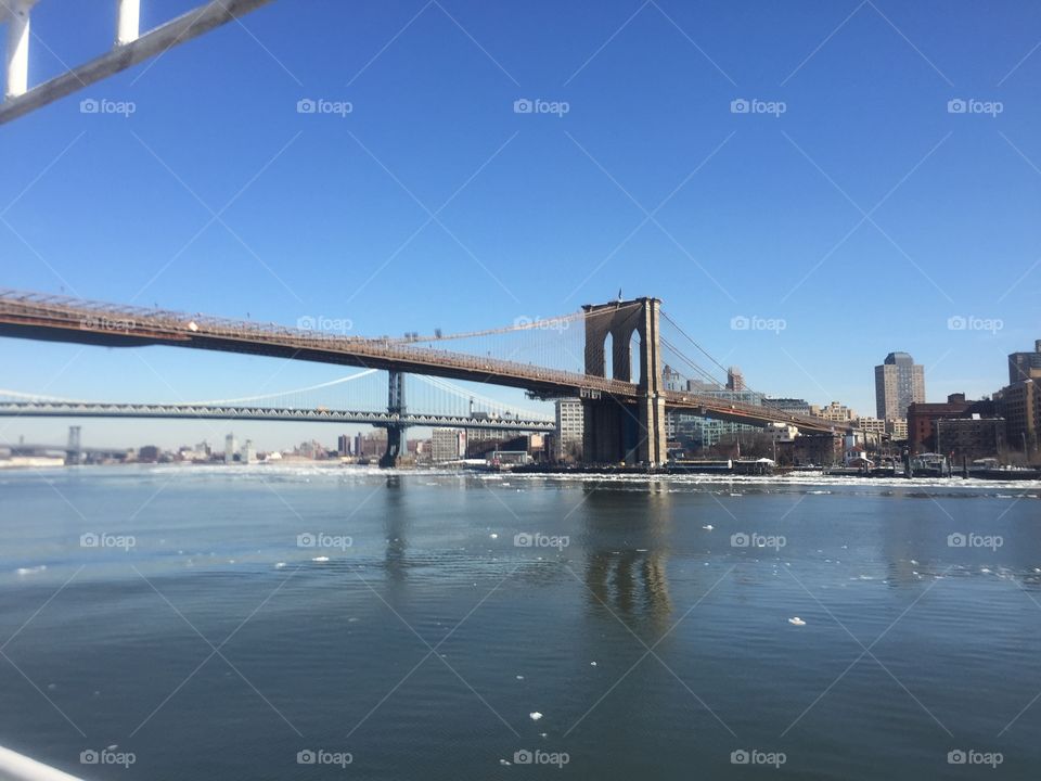 Far view of Brooklyn Bridge on a   Beautiful but cold winter morning 