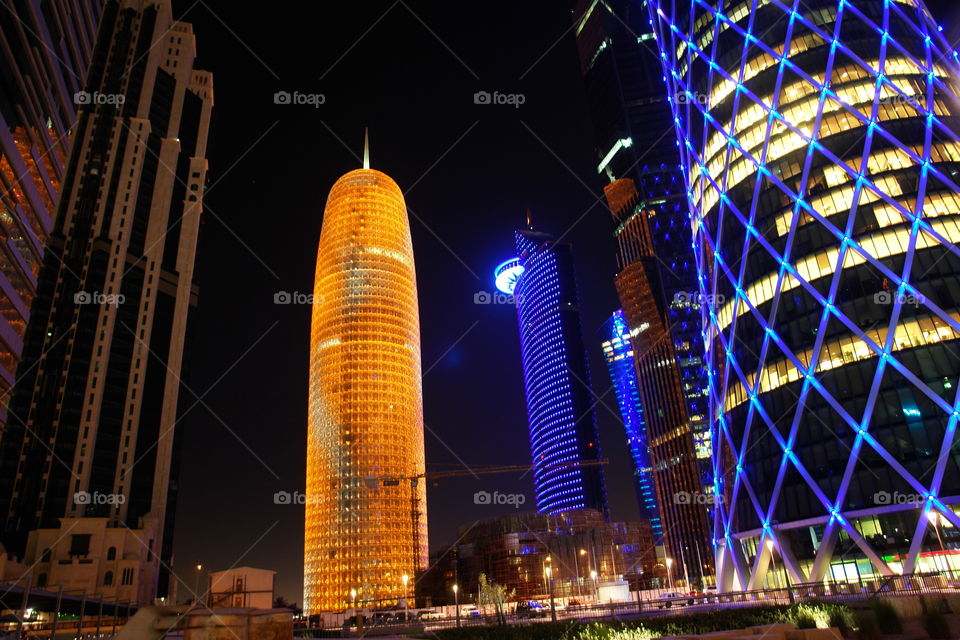 Downtown Doha by night . Doha Skyscrapers by night 