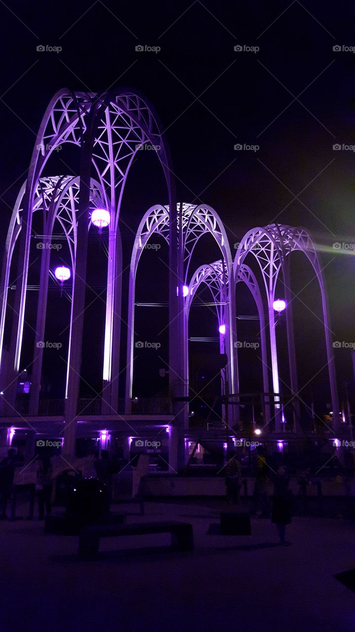 The Seattle Center Arches awash in purple. Shortly after the unfortunate passing of Prince, the Laser Dome at Seattle Center held a special laser light & music show featuring the music of Prince, in his honor. Photo was taken during the event - and on his birthday  June 7th. Edited by colorizing.