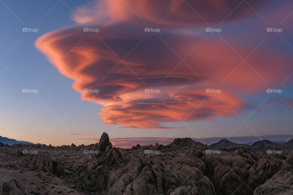 A spectacular and vibrant lenticular cloud at sunset in the Alabama Hills in early spring!