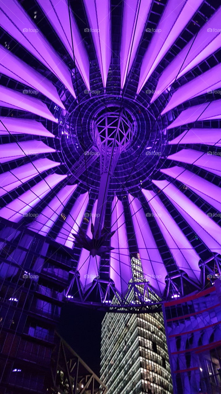 Artistically illuminated roof of Sony center at Potsdamer Platz. Berlin. Germany.