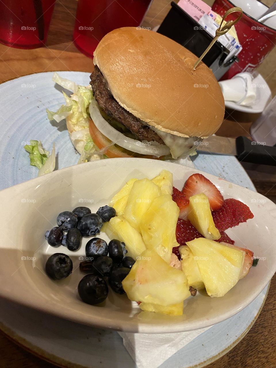 Reindeer burger and fruit from Bear Paw’s in Anchorage, Alaska