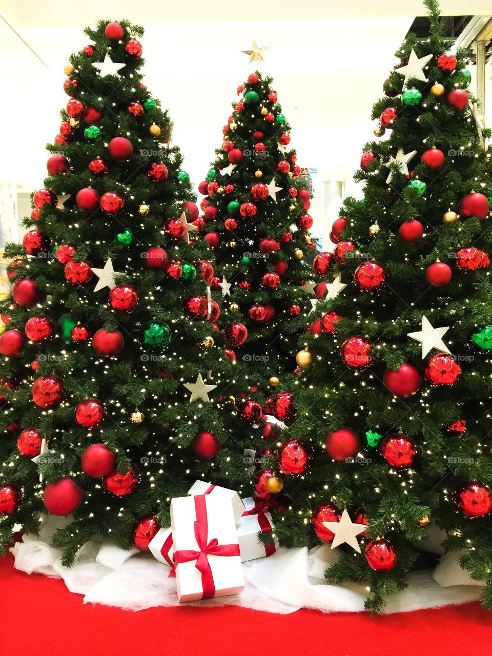 Christmas trees with red decoration and ornament