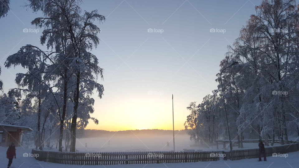 Snowy winter - sunset at the lake - mist