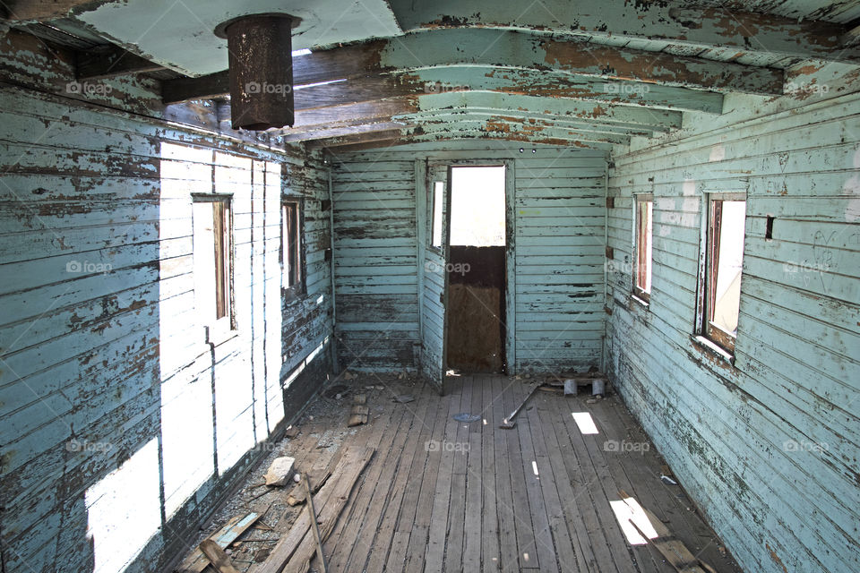 Abandoned train car in a desert ghost town