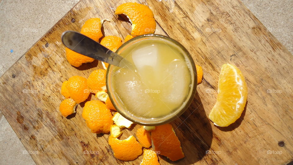 High angle view of a orange juice
