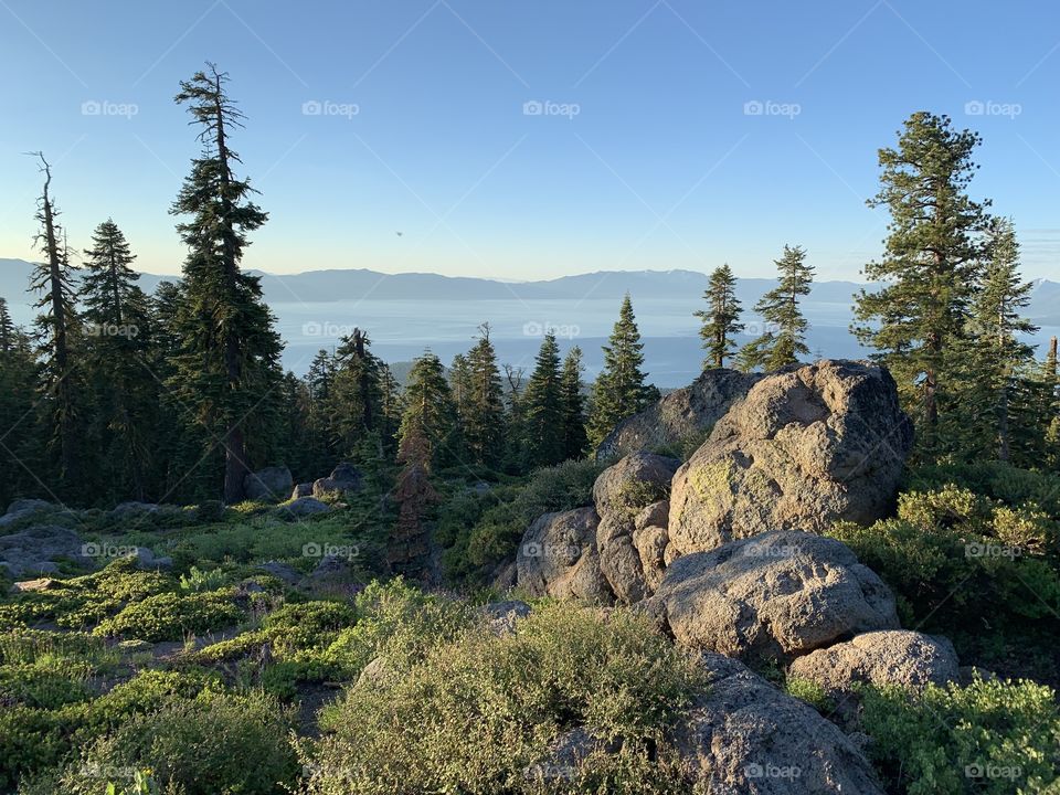 Granite boulders in the forest overlooking Lake Tahoe, California 