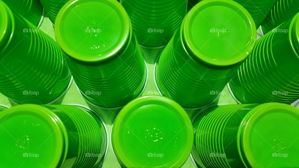 Elevated view of green cups