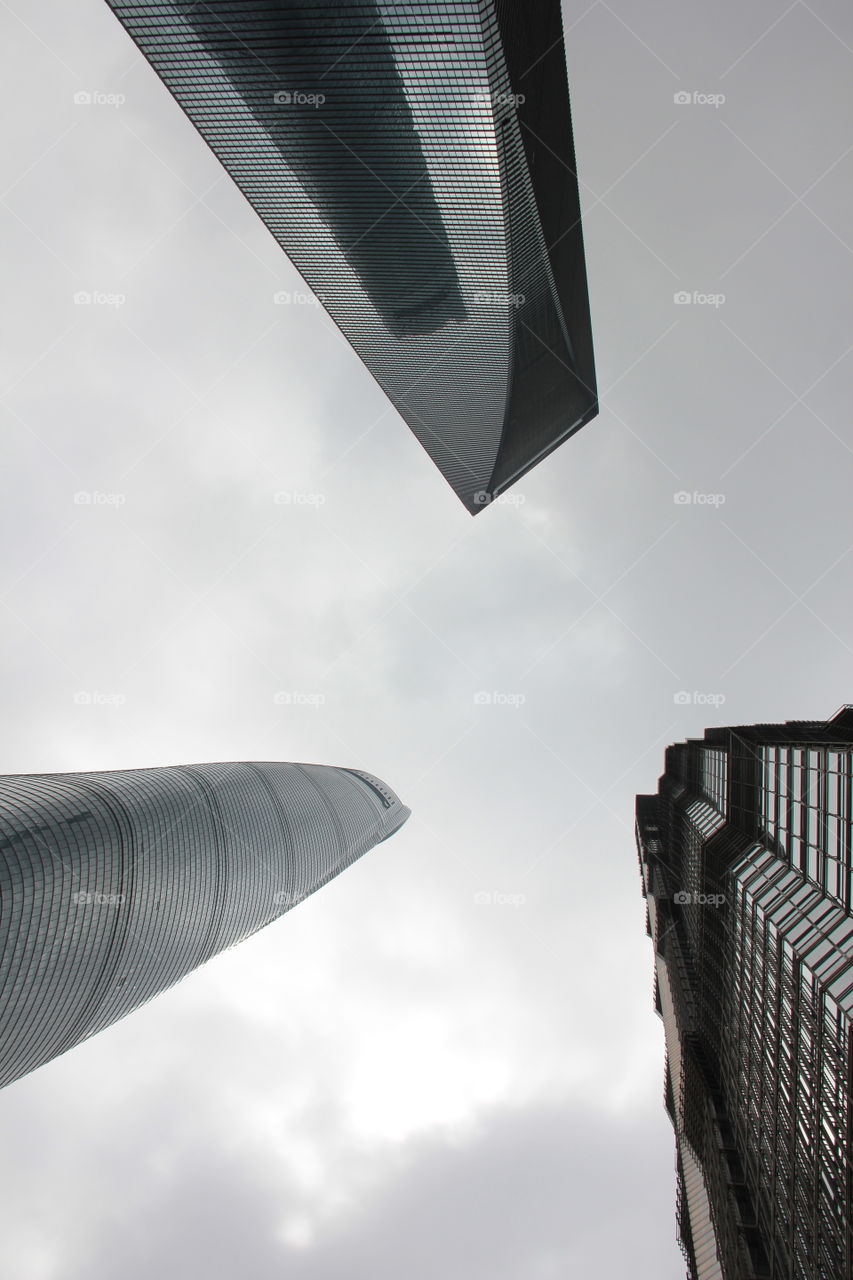 shanghai's big three. Looking up the three biggest skyscrapers of shanghai, china.