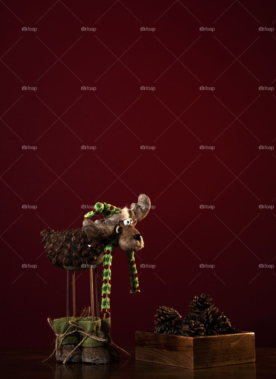 Crafted Moose And Wood Box Of Pinecones