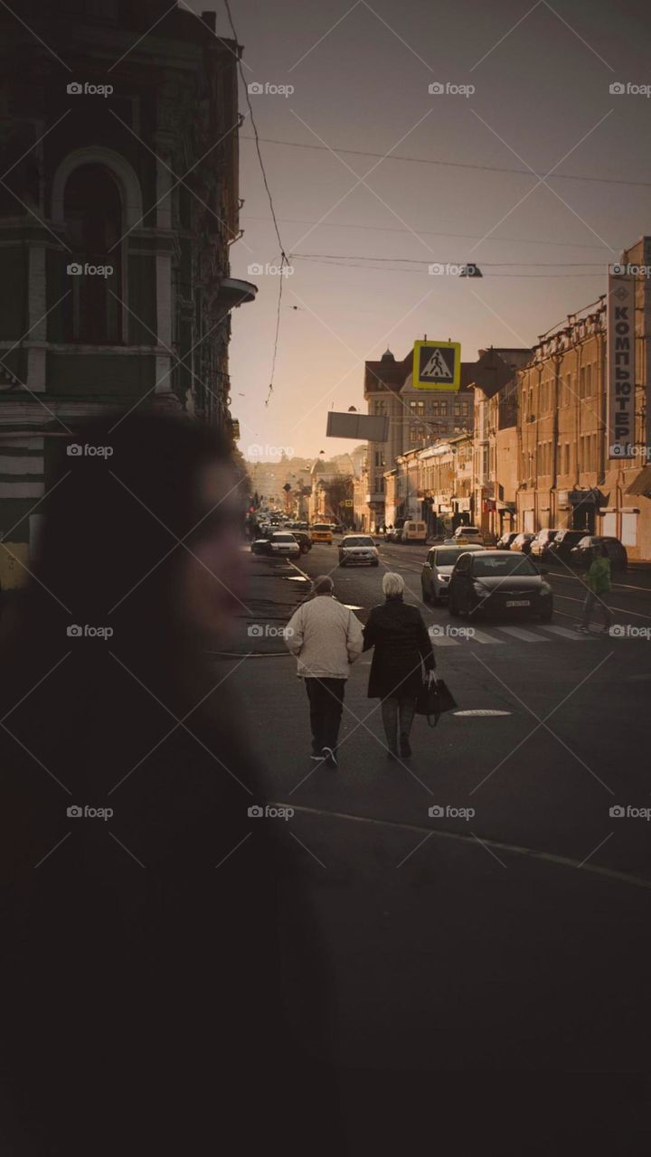 elderly couple, love, street walk