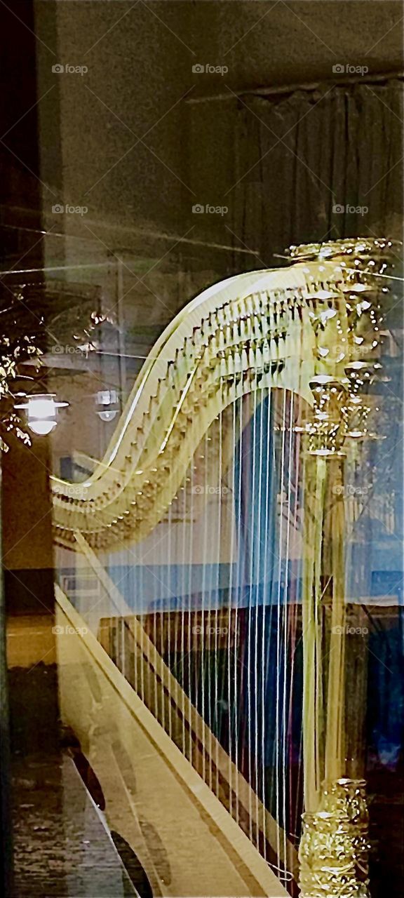 This is a magnificent exquisitely detailed large golden harp behind glass the size of an adult human. An instrument like this would cost in the five figure range be it Euros or Dollars. 2023. Hypnotic Productions