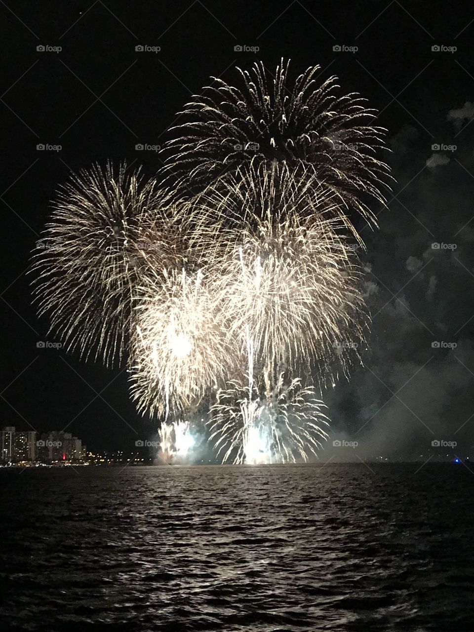 Hawaii Festival Fireworks at Night over the Ocean from out at sea! 