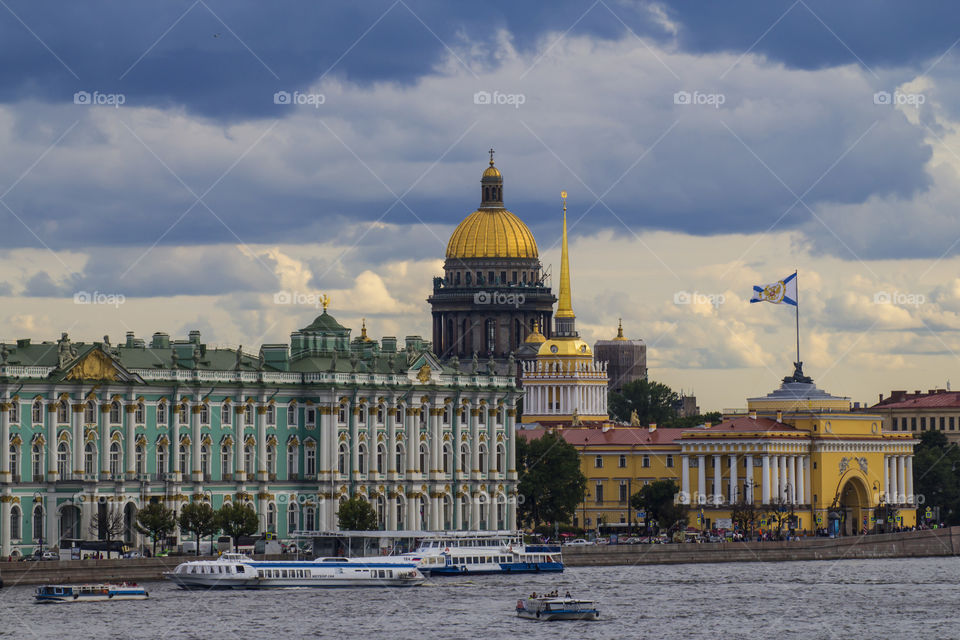 View of St. Isaac's Cathedral and the Hermitage from the Neva River.  St. Petersburg.