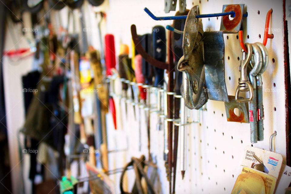 Workshop pegboard with tools 