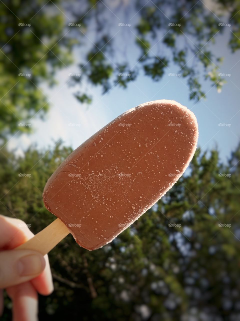 A hand holding a Fudge Ice cream bar on a warm summer day sweet treat