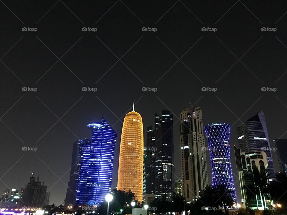 Beautiful Doha Qatar skyscrapers and  towers building with beautiful light