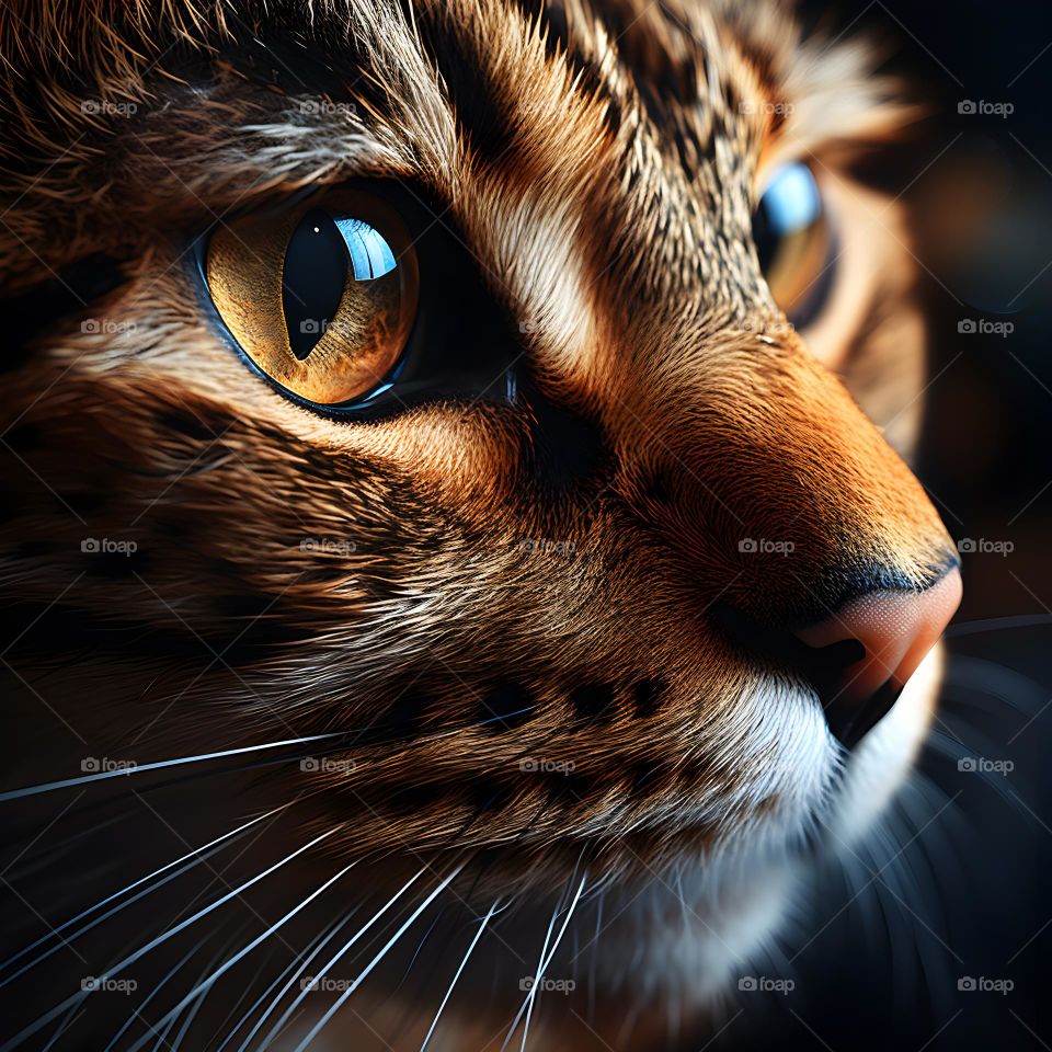 close up of a cat face with round eyes, in the style of vray tracing, photo-realistic techniques