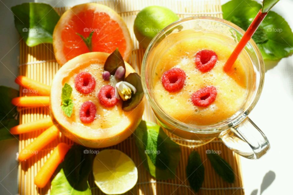 Fresh Fruit Smoothie -Jackfruit minty Smoothie - carrots,  grapefruit, mints   topped with raspberries