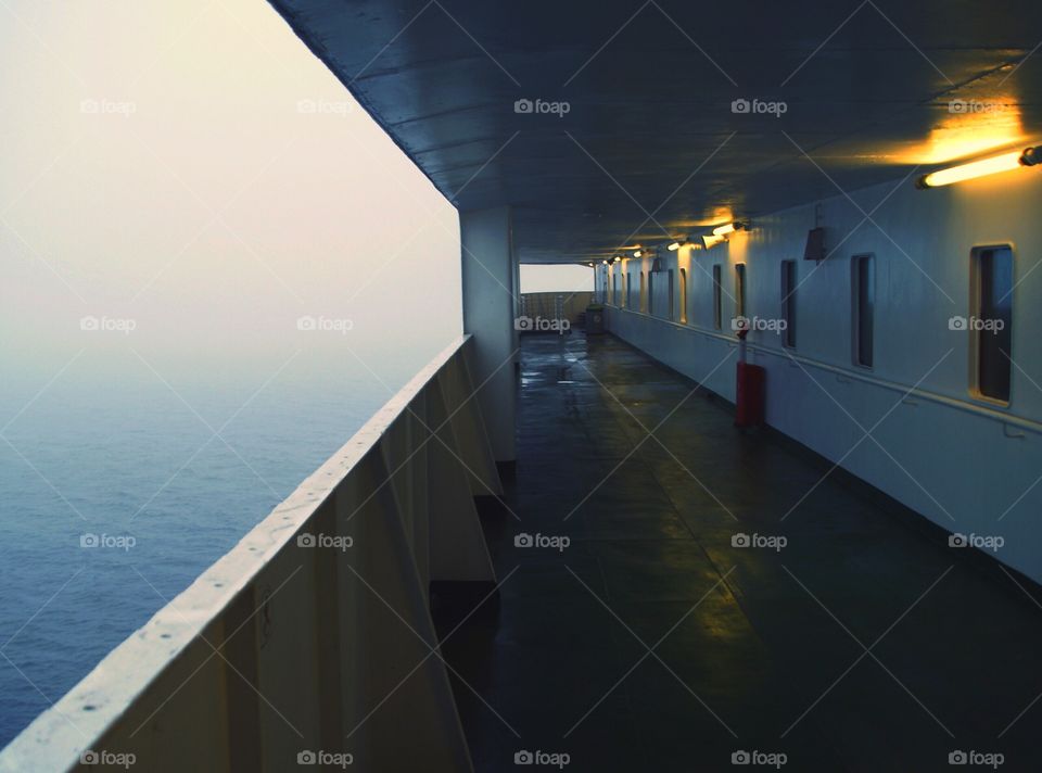 ship deck during the fog, dangerous, mystic place