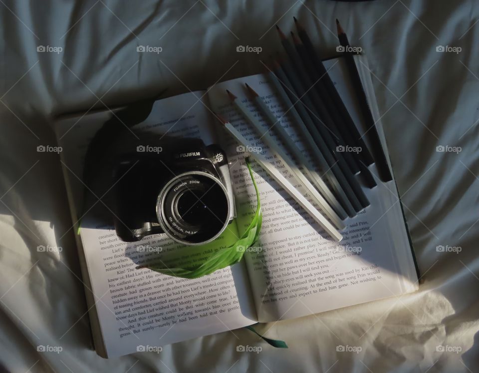 Book, camera, pencils flatlay.