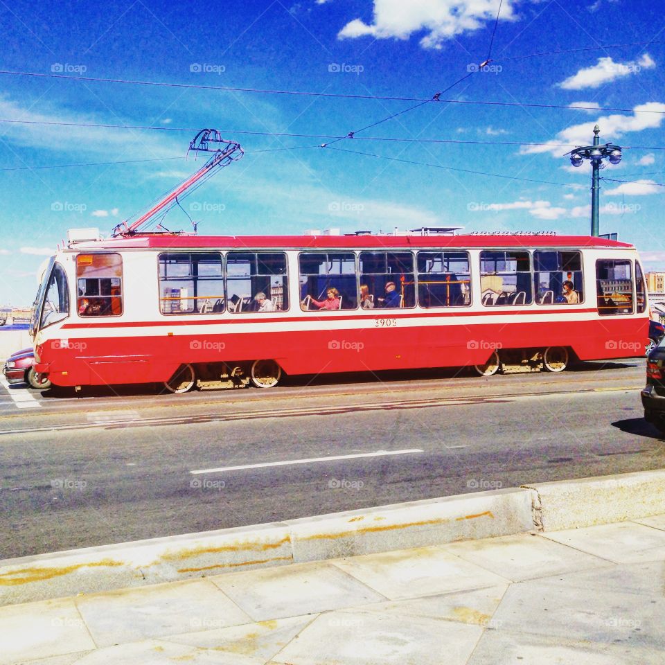 Tram in St Petersburg, Russia . Old style team on the streets of St Petersburg 