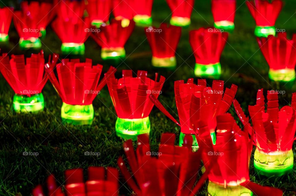 Red & green lights made by school children from disposable plastics.