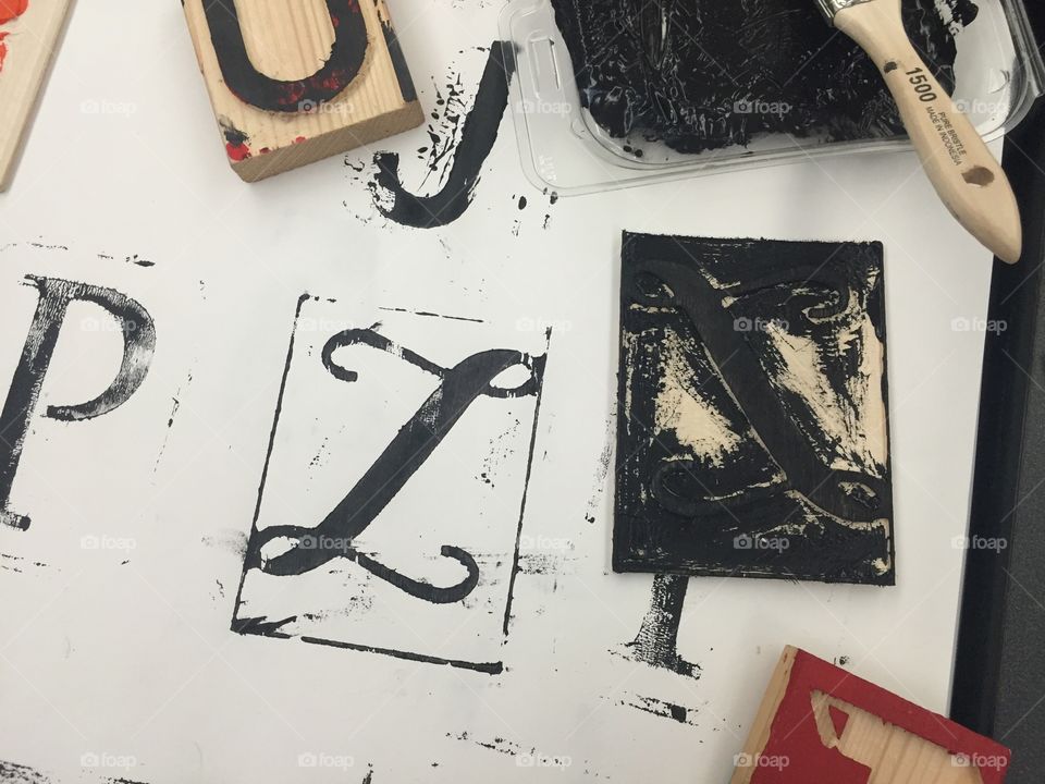 Wood handmade letter stamps with black and red paint