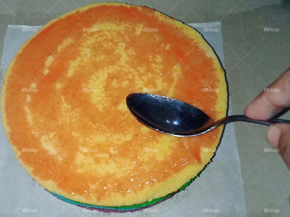 Cooking rainbow cake in the kitchen