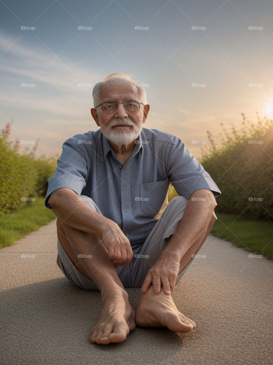 An old man sitting barefoot