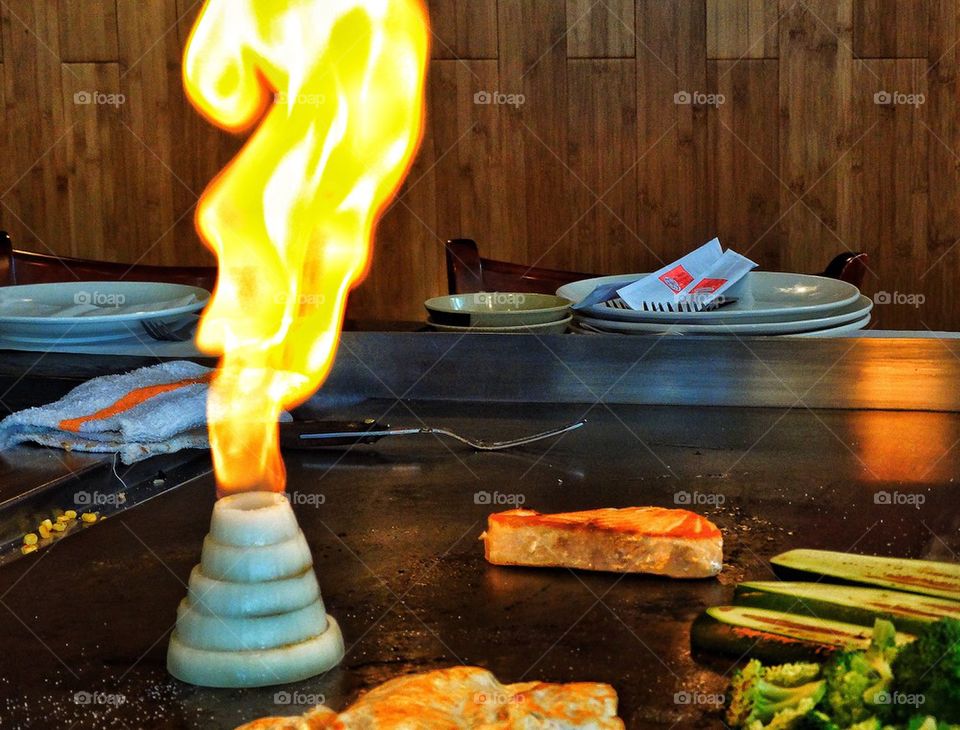 Flaming food volcano at Japanese grill