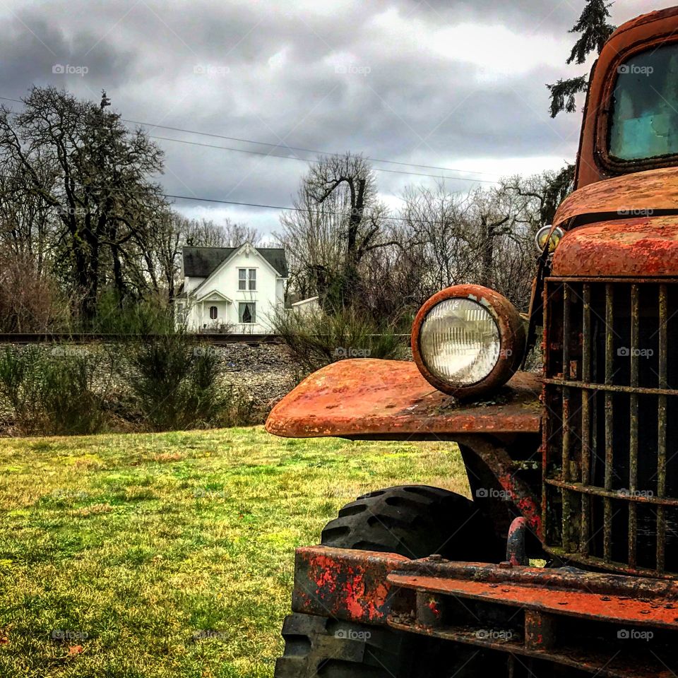 Vintage truck and old farm house