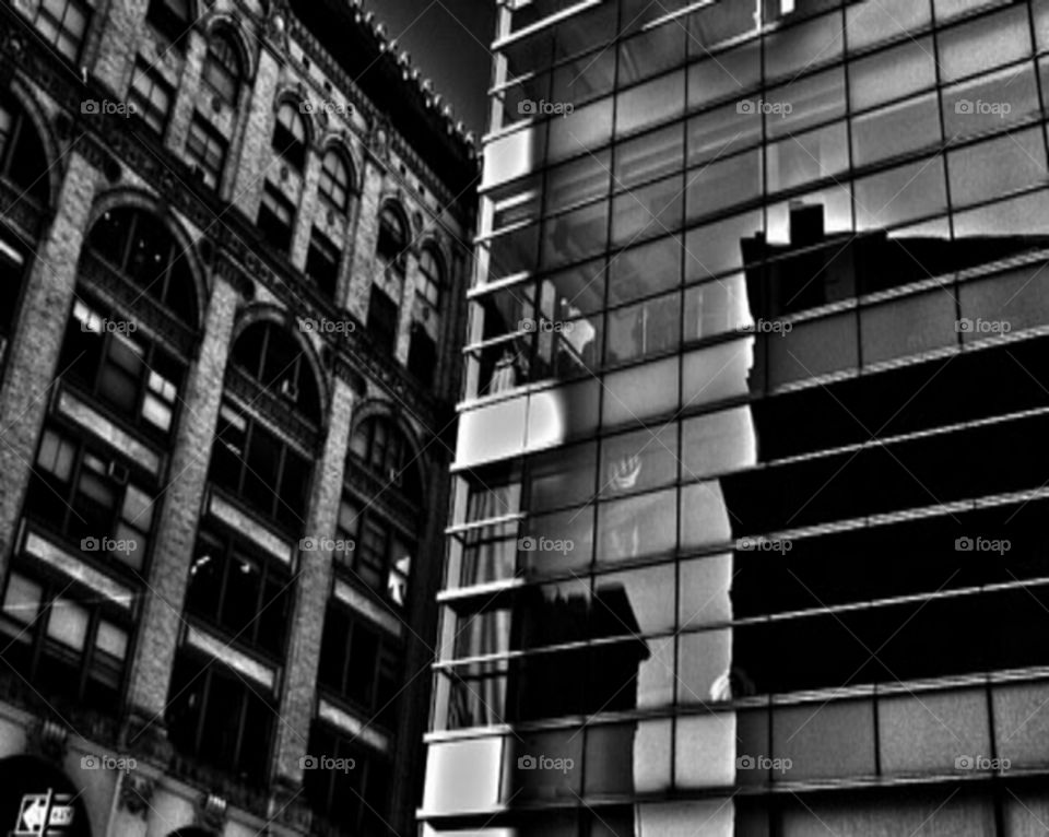 Houston Street in Manhattan Black and White, buildings, cityscape, reflection, angles