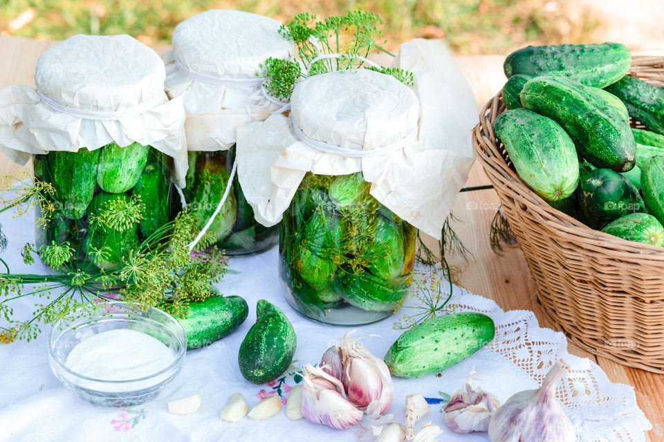 Pickled cucumbers. Pickled cucumbers made with home garden vegetables and herbs