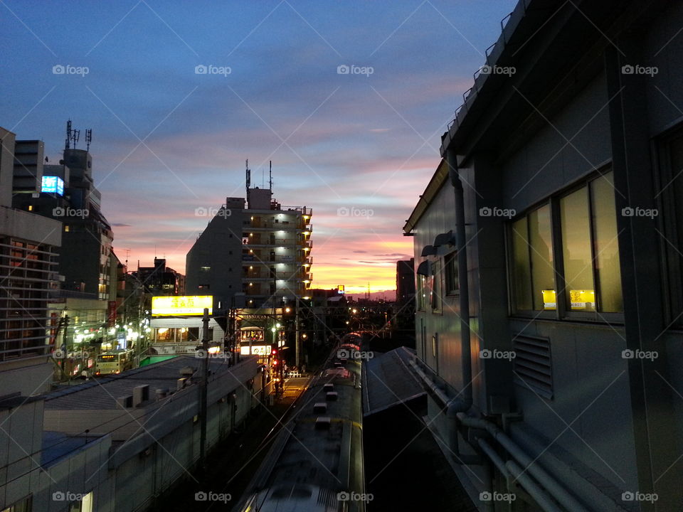 Sunset in Japan. It was taken on the train station's building