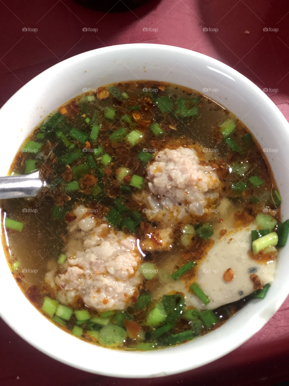 Vietnanese meatball. This dish is served with bread. This is a famous breakfast dish in Da Lat