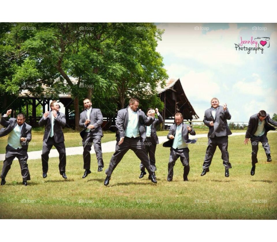 Jumping wedding party 