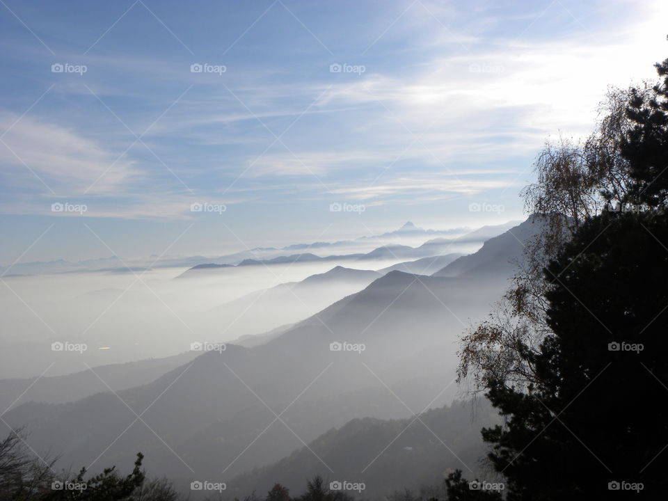 mountain landscape sky fog tree