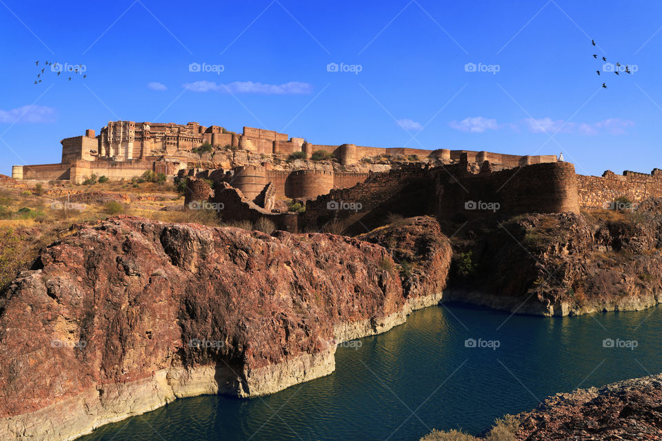 Mehrangarh Fort with the lake, Jodhpur, Rajasthan, India