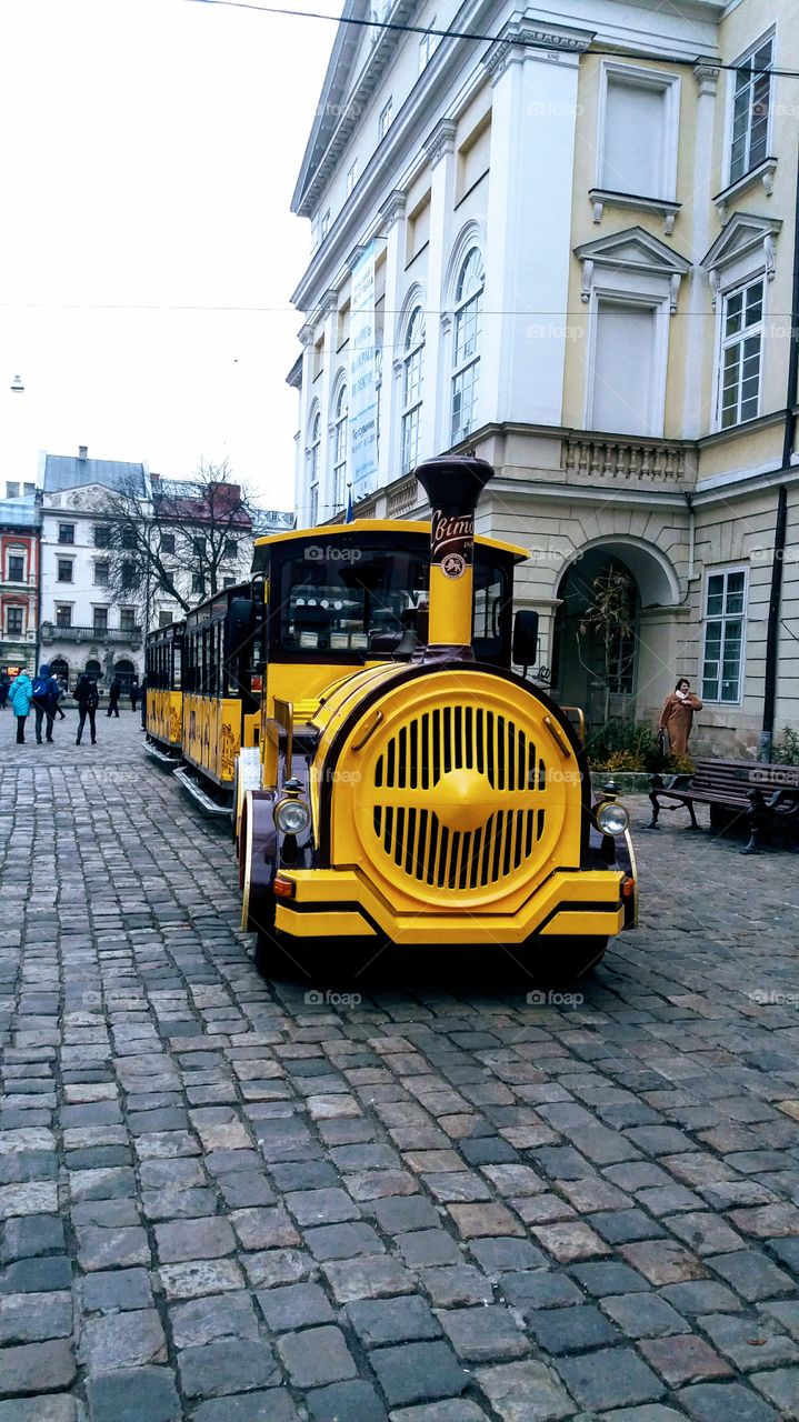 the tourist steam train in the old city of Lviv