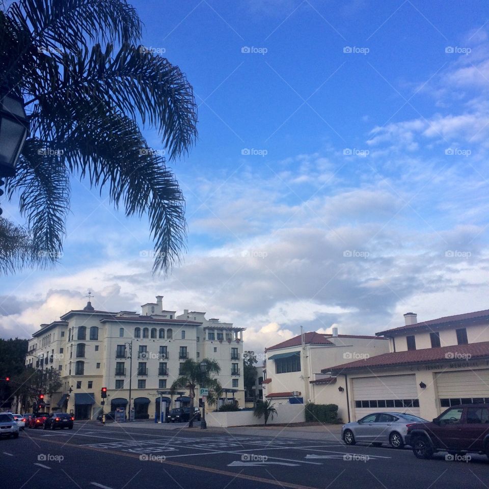 Partly cloudy evening over downtown Santa Barbara CA