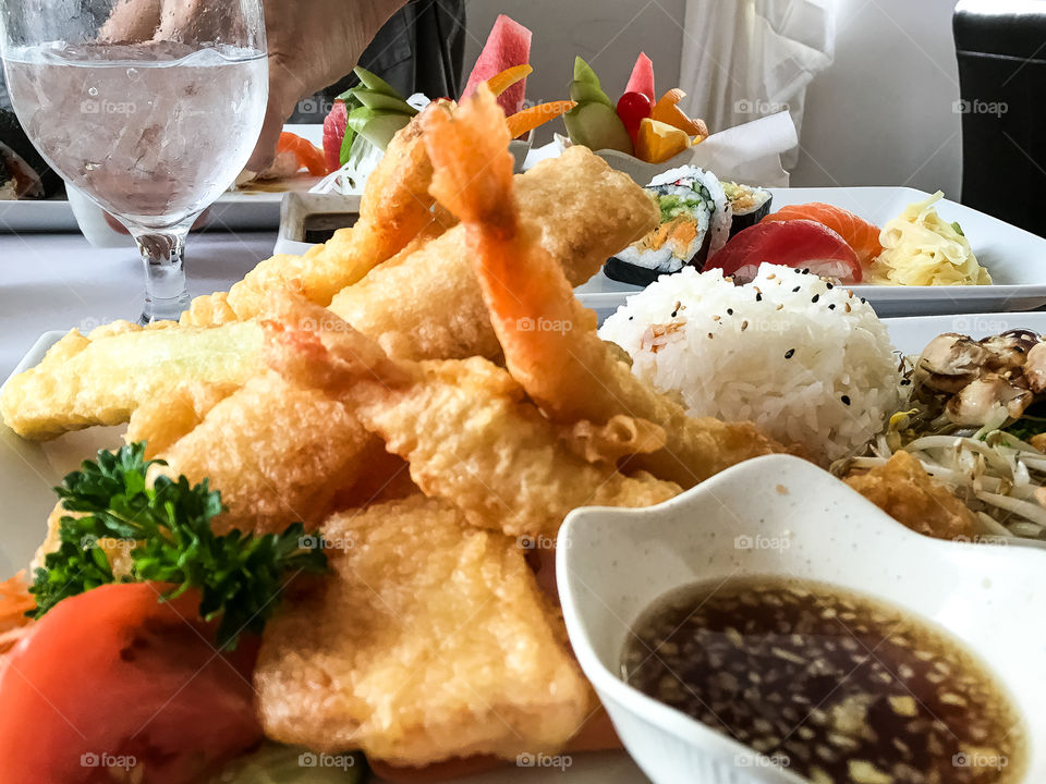 Japanese food, closeup, prawn and vegetable tempura, teriyaki, bean sprouts, steamed rice