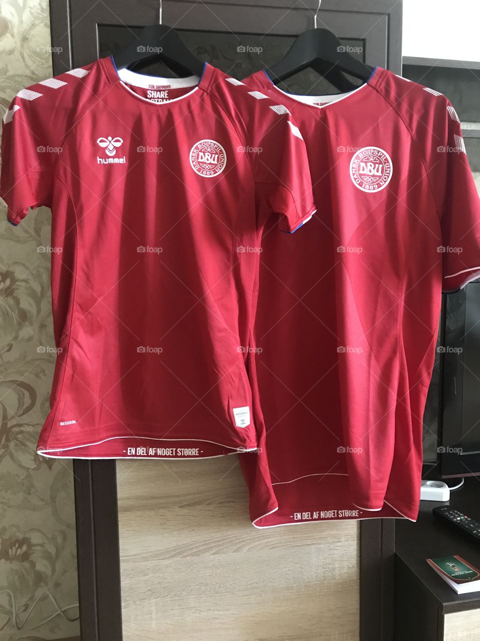This is the danish national soccer-shirt. My son and i went to Russia to see our national team play against Australia. This is from early morning, before we left for the game.